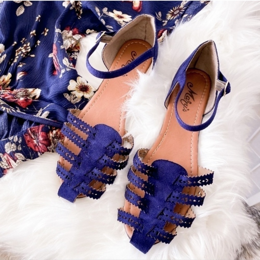 Navy Blue Suede Cutout Flat Sandals